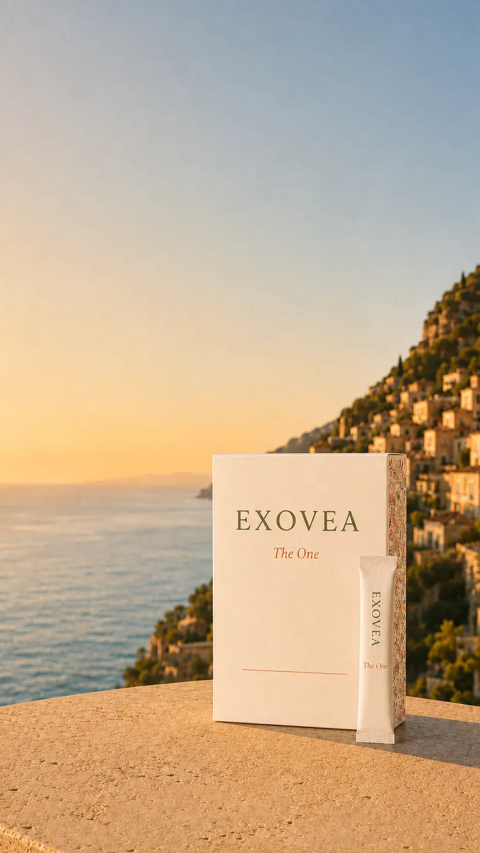 EXOVEA The One carton and daily sachet in a Mediterranean morning setting
